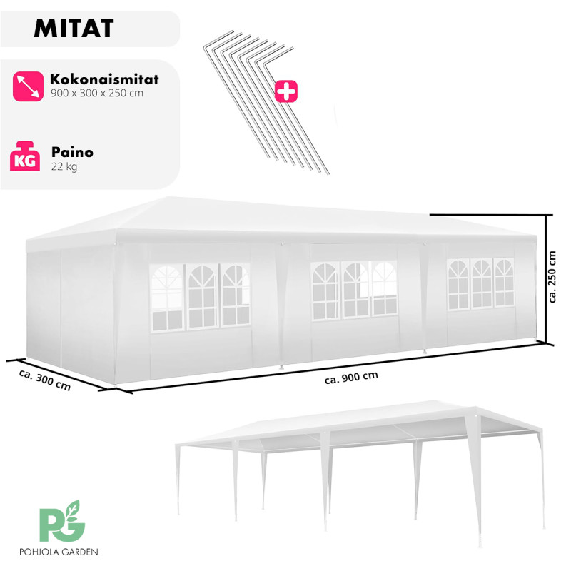 POHJOLA GARDEN Juhlateltta / Paviljonki irrotettavilla sivuilla 3x9m PE, harmaa