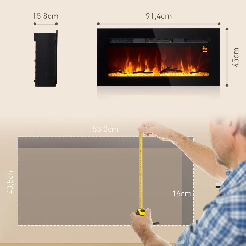 Sähkötakka seinäkiinnikkeellä ja kaukosäätimellä, tekohalkoja ja kristalleja, teho 1800W, musta