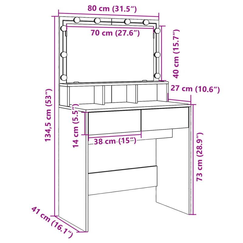 Peilipöytä LED-valoilla musta 80x41x134,5 cm