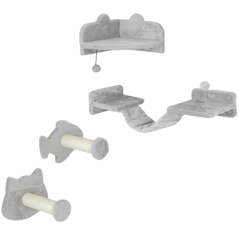 PawHut Katzen Kletterwand Set, 4-teilig Katzenmöbel mit Stufen, Leiter, Sprungtürmen, Kratzbäumen, S