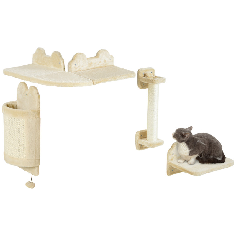 PawHut Katzen Kletterwand Set, 4-teilig Katzenmöbel mit Sitzplattform, Eckplattform, Spielball und B