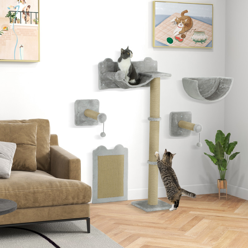 PawHut Katzen Kletterwand 5 tlg. Klettern Katzenkratzbaum mit Kratzpfosten, Hängematte, Sprungplatt,