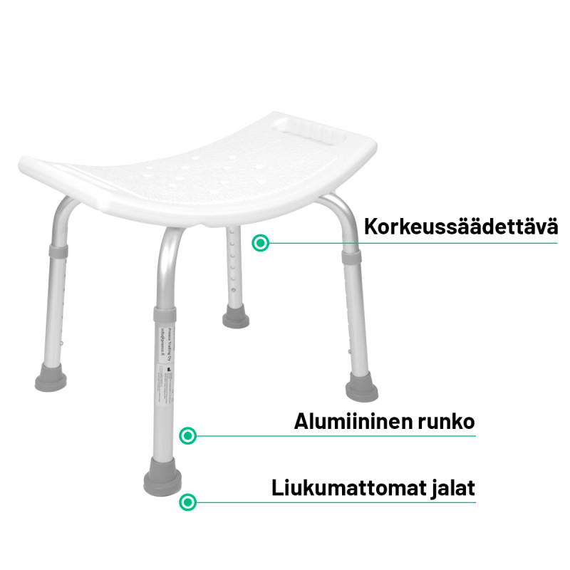 OUTLET! Suihkujakkara Korkeussäädettävä 51 x 38 cm, Painoraja 100 kg, Valkoinen