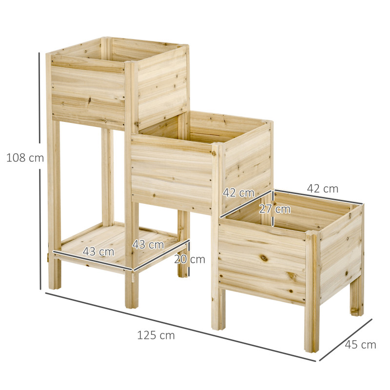 Outsunny Korotettu Istutuslaatikko 3-Tasoa 125 x 45 x 108 cm Kuusipuusta Natural