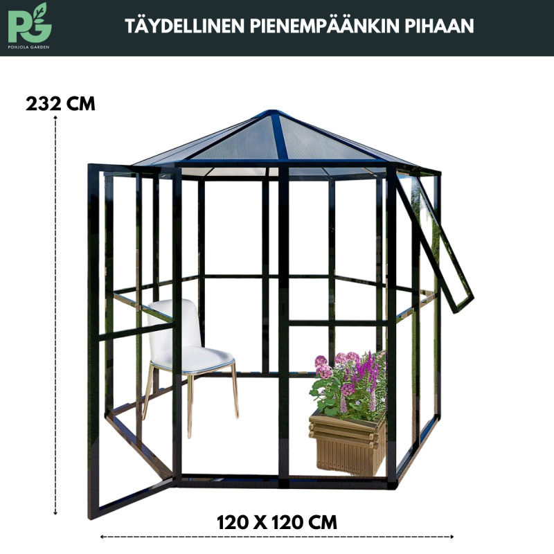 POHJOLA GARDEN Kuusikulmainen Paviljonki / Lasikasvihuone 120 x 232 cm, Musta, Alumiinirunko