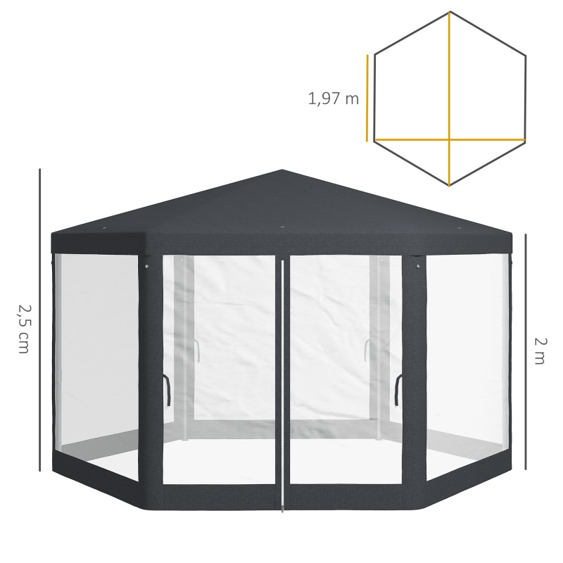 Outsunny Kuusikulmainen Puutarhapaviljonki 4 x 4m Hyttysverkolla, Tummanharmaa