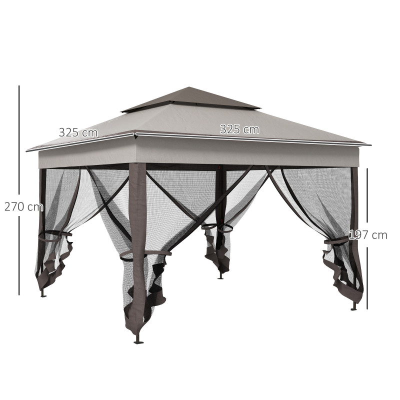 Outsunny Puutarhapaviljonki 3,25 x 3,25m Pop-Up Rungolla Ja Hyttysverkolla, Harmaa