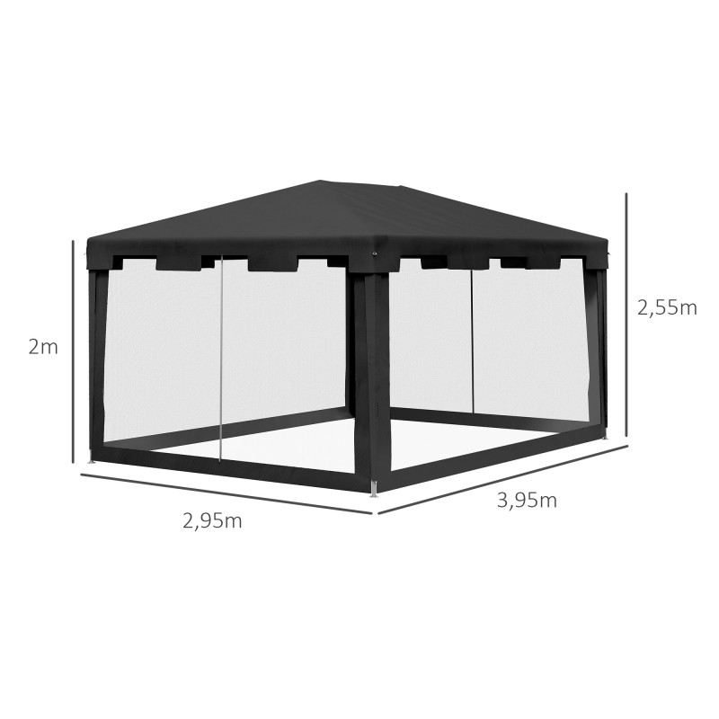 Outsunny Puutarhapaviljonki 4 x 3m Hyttysverkolla, Tummanharmaa