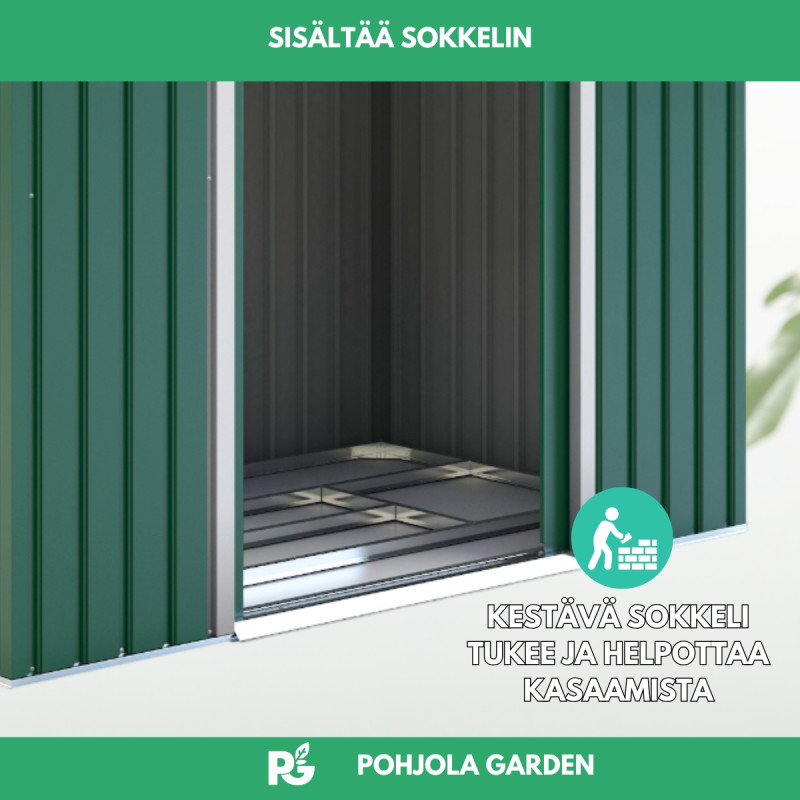 POHJOLA GARDEN Pihavaja 2,7m2 Puutarhavaja, Peltivarasto, Työkaluvaja Vihreä + sokkeli