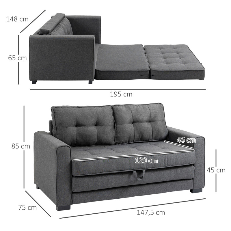 HOMCOM 2-Istuttava Vuodesohva 147.5 x 75 x 85 cm, Harmaa