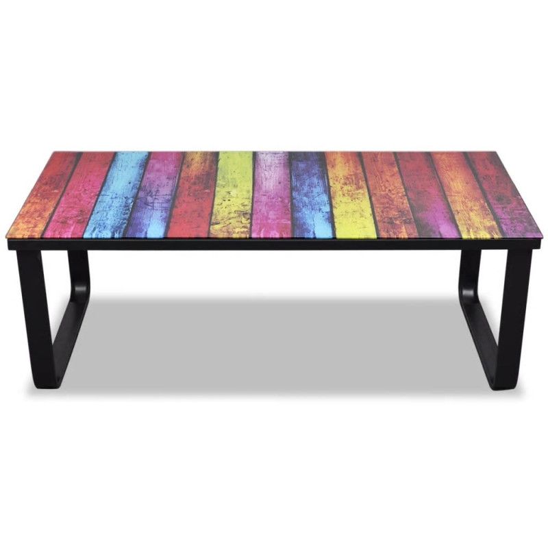 Sohvapöytä lasisella pöytälevyllä ja sateenkaaren väreillä