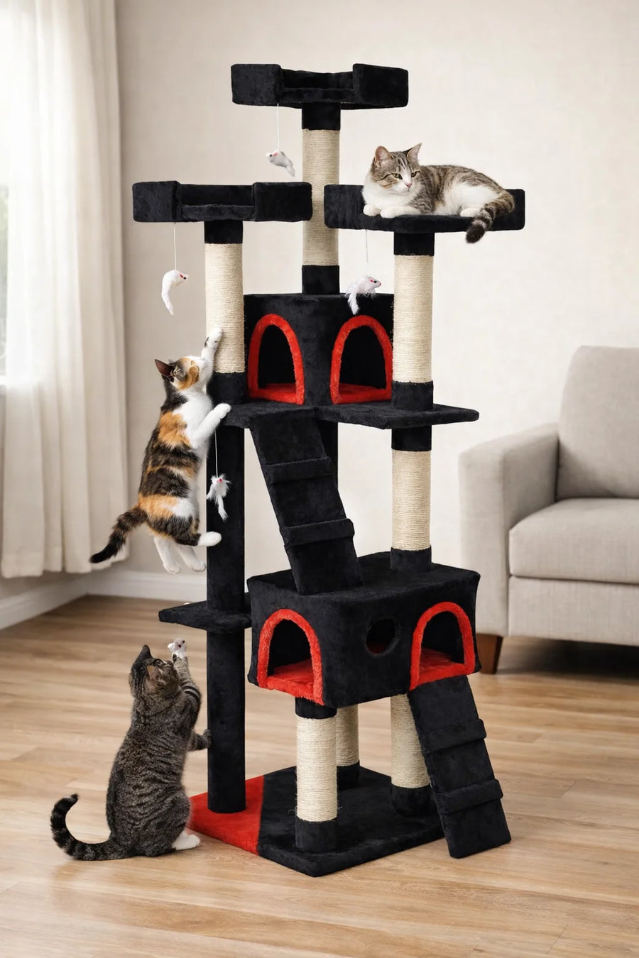 Kattklätterträd 170 cm – 2 grottor, 3 nivåer, 9 cm sisalstomme
