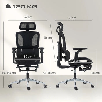 Ergonominen toimistotuoli jalkatuella – säädettävä selkä- ja niskatuki, 6D-käsinojat, hengittävä verkko