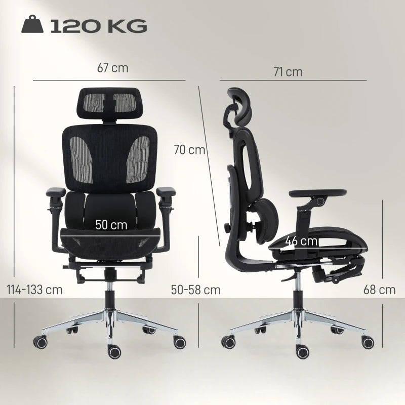 Ergonomisk kontorsstol med fotstöd – justerbart rygg- och nackstöd, 6D-armstöd, ventilerande nät