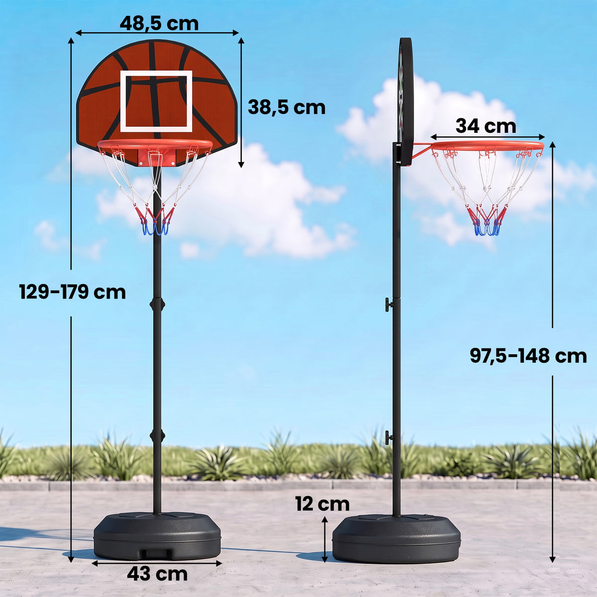 Koripalloteline ja magneettinen tikkataulu 2-in-1, korin korkeus 98–148 cm, musta