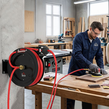 Metallinen paineilmaletkukela automaattikelauksella, 15 + 1 m, 20 bar, musta/punainen