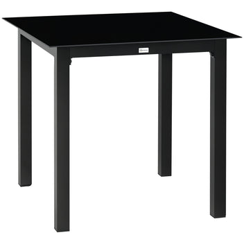 Neliönmallinen puutarhapöytä lasikannella ja alumiinirungolla, 80 x 80 cm, musta
