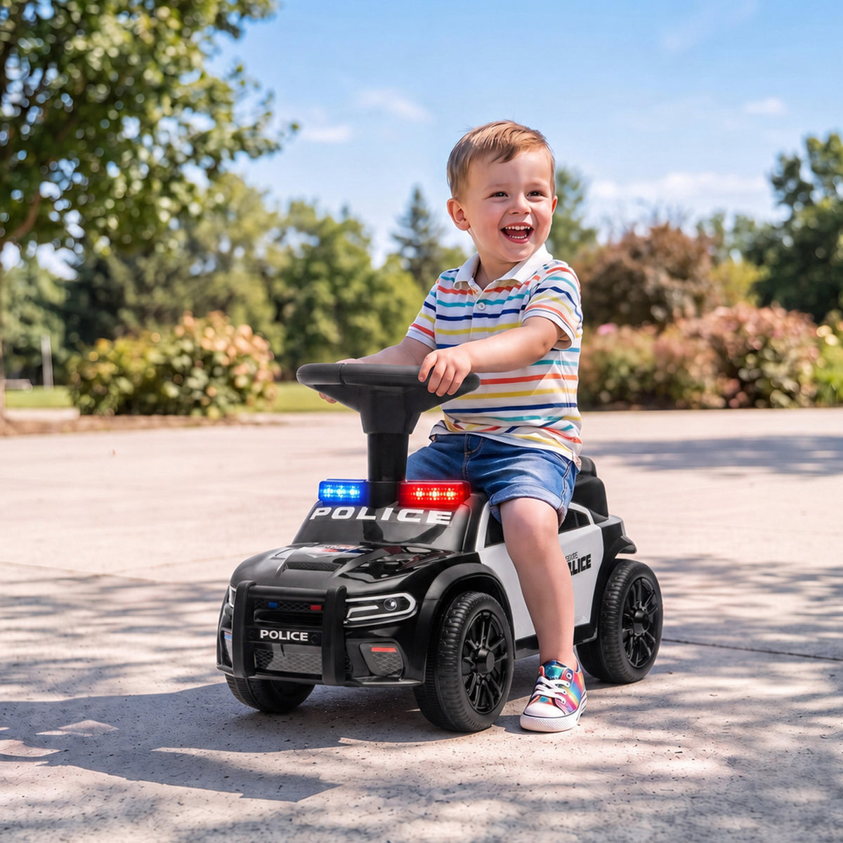 Lasten potkuauto poliisiauto, valo ja musiikki, kaatumiseste ja säilytystila, 18–36 kk, musta