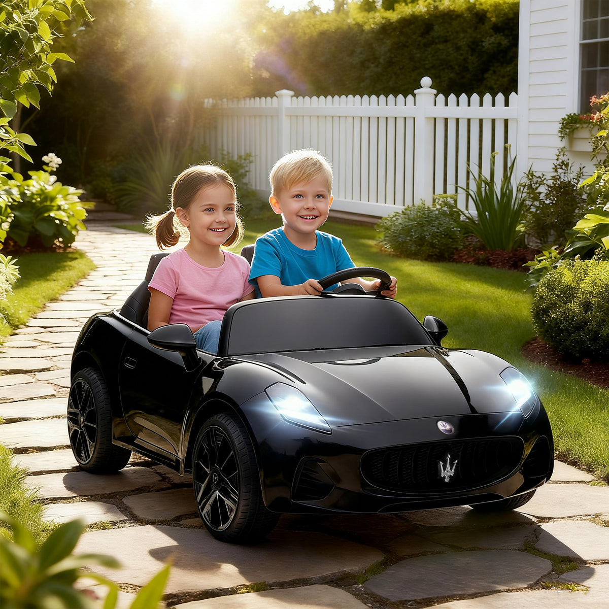Lasten sähköauto Maserati kahdelle 12V, kaukosäädin, LED ja MP3, 3–8 km/h, musta