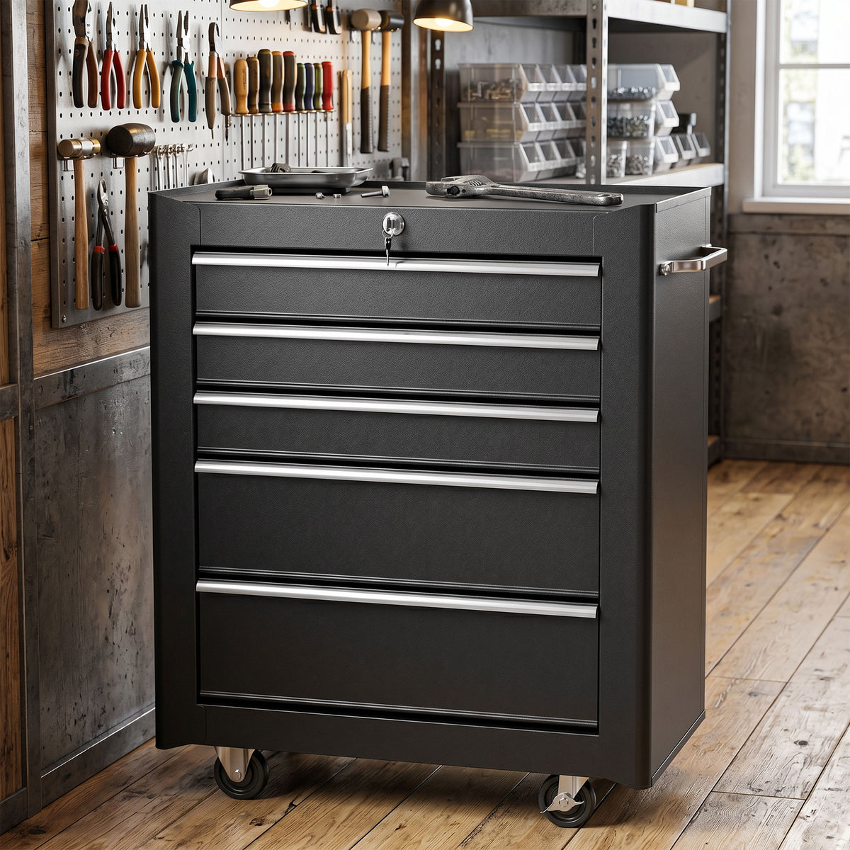 Työkaluvaunu 5 laatikolla, lukittava, pyörät jarruilla, teräs, 61,5 x 33 x 82,5 cm, musta