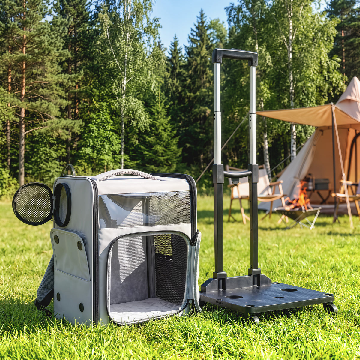 Lemmikin reppu ja vetolaukku 2-in-1 pyörillä, lannetuki ja verkkoikkunat, 5 kg asti, harmaa