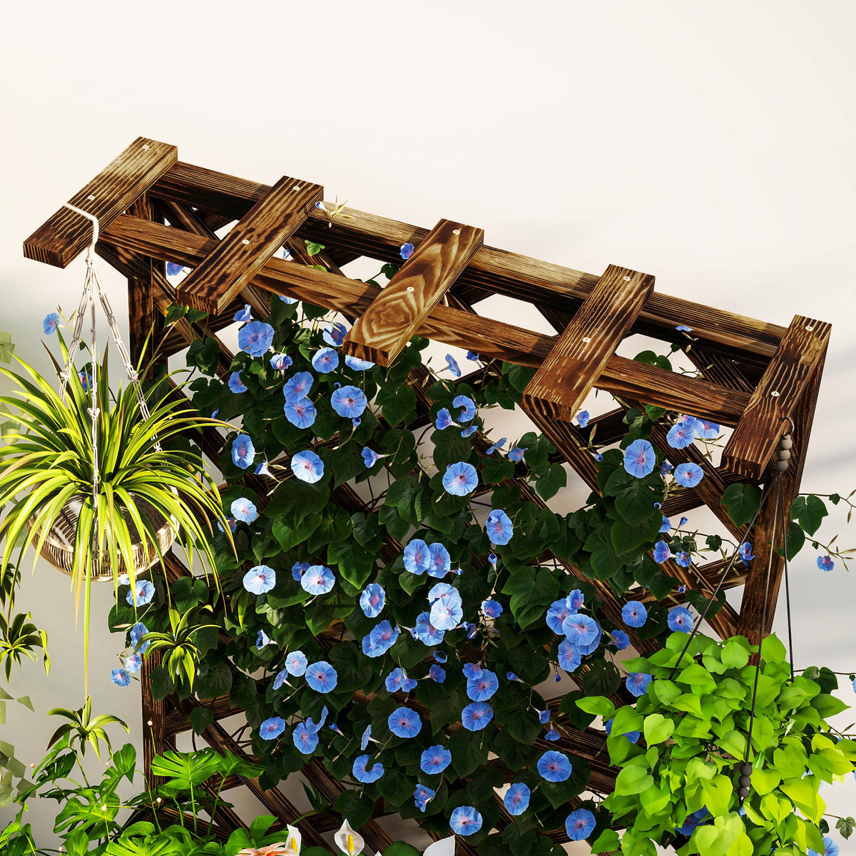 Puinen istutuslaatikko säleiköllä ja katolla, 64 x 33 x 122 cm, hiillostettu