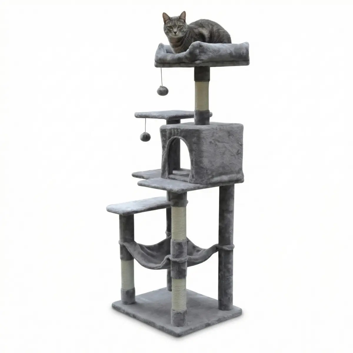 Kattklätterträd 143 cm – hus, hängmatta, 55 x 45 cm