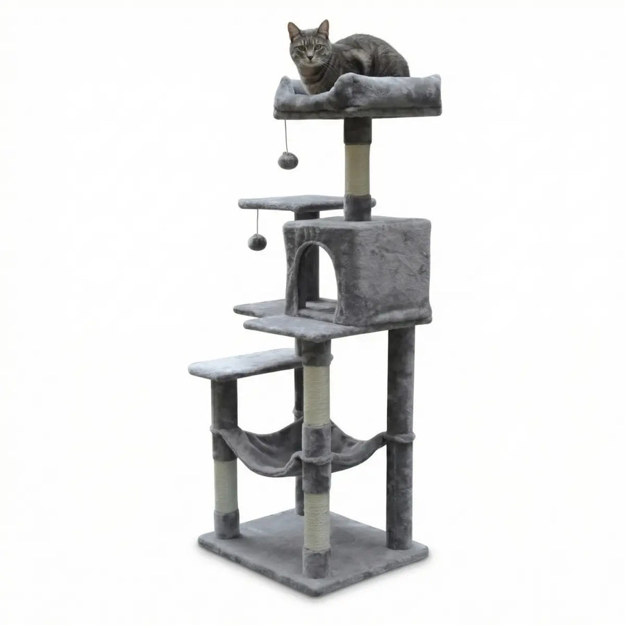 Kattklätterträd 143 cm – hus, hängmatta, 55 x 45 cm