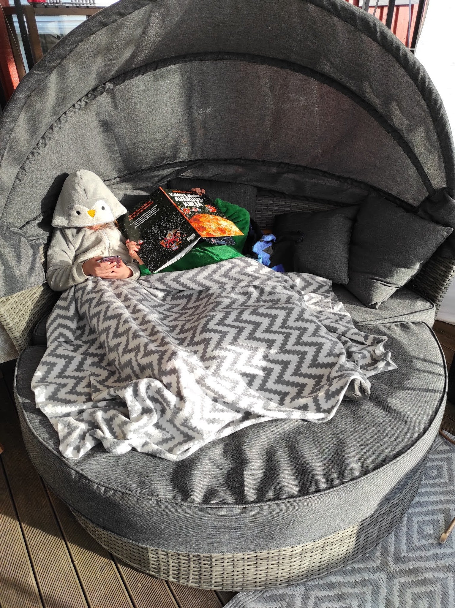 POHJOLA GARDEN Polyrottinki Aurinkovuode/Aurinkosänky/Aurinkopesä 165 cm, Paksu pehmuste, Katoksella Harmaa