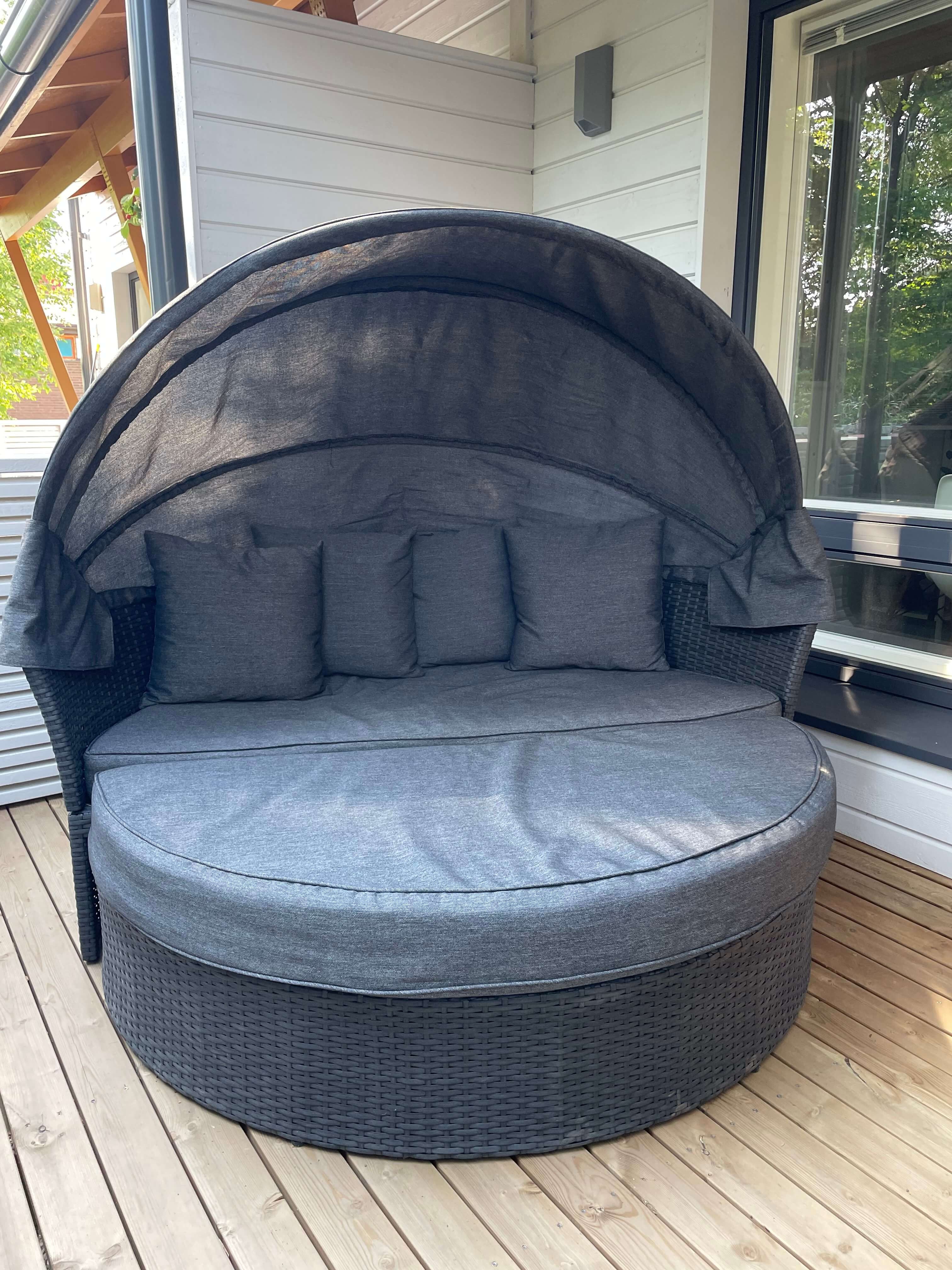 POHJOLA GARDEN Polyrottinki Aurinkovuode/Aurinkosänky/Aurinkopesä 165 cm, Paksu pehmuste, Katoksella Musta