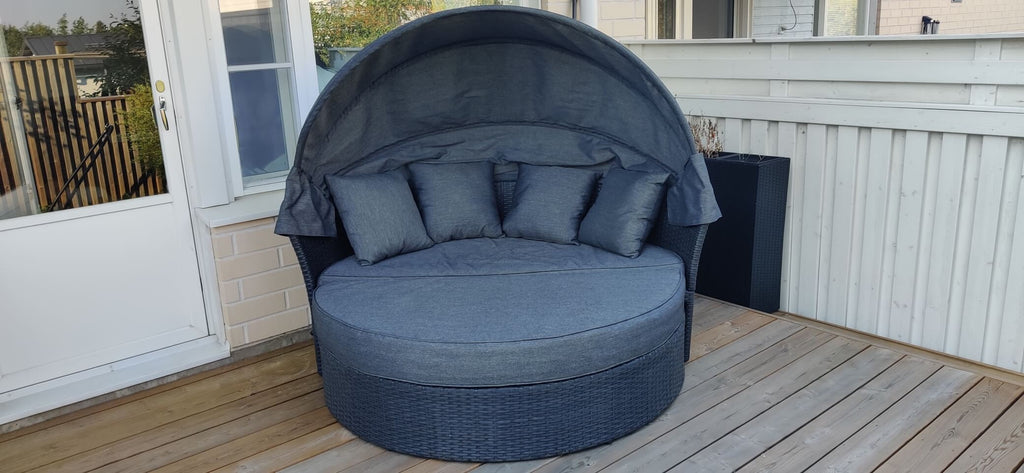 POHJOLA GARDEN Polyrottinki Aurinkovuode/Aurinkosänky/Aurinkopesä 165 cm, Paksu pehmuste, Katoksella Musta