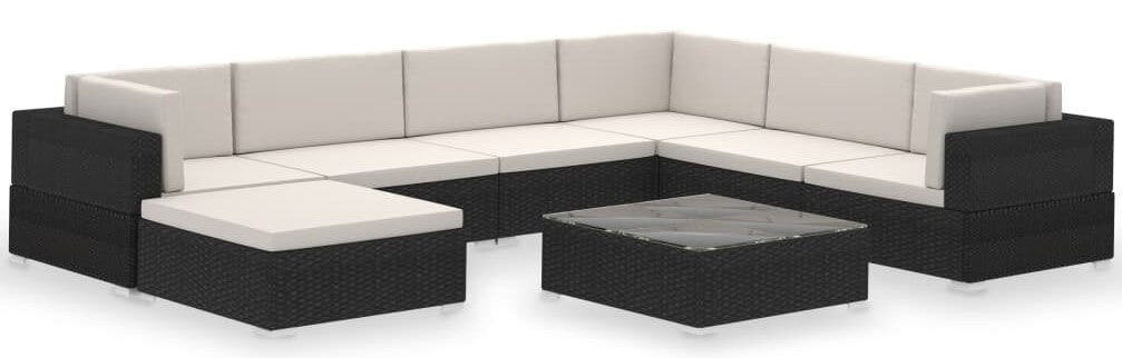 8-osainen puutarhan oleskeluryhmä tyynyillä polyrottinki musta