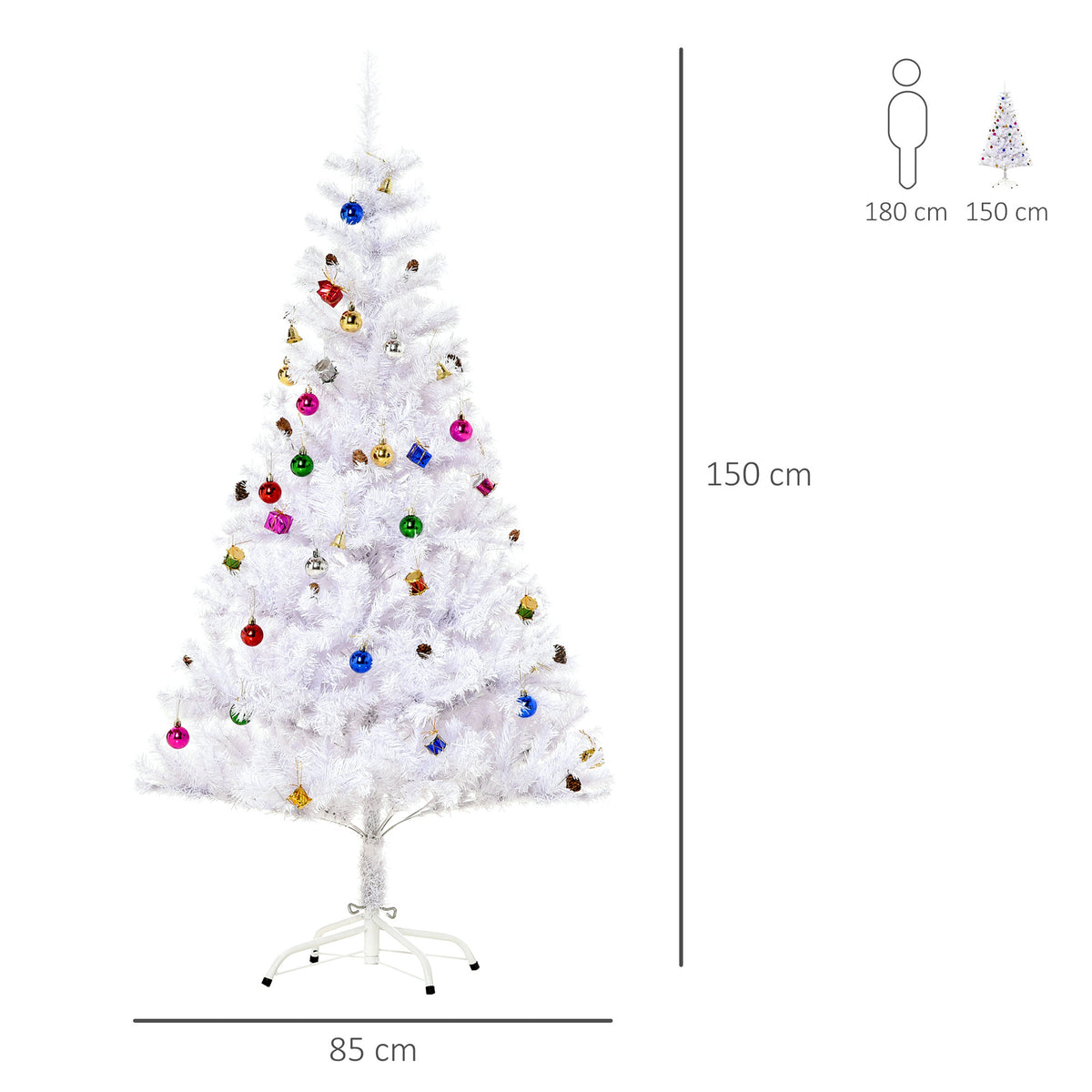 Julgran med dekorationer och stativ 150 cm (vit)