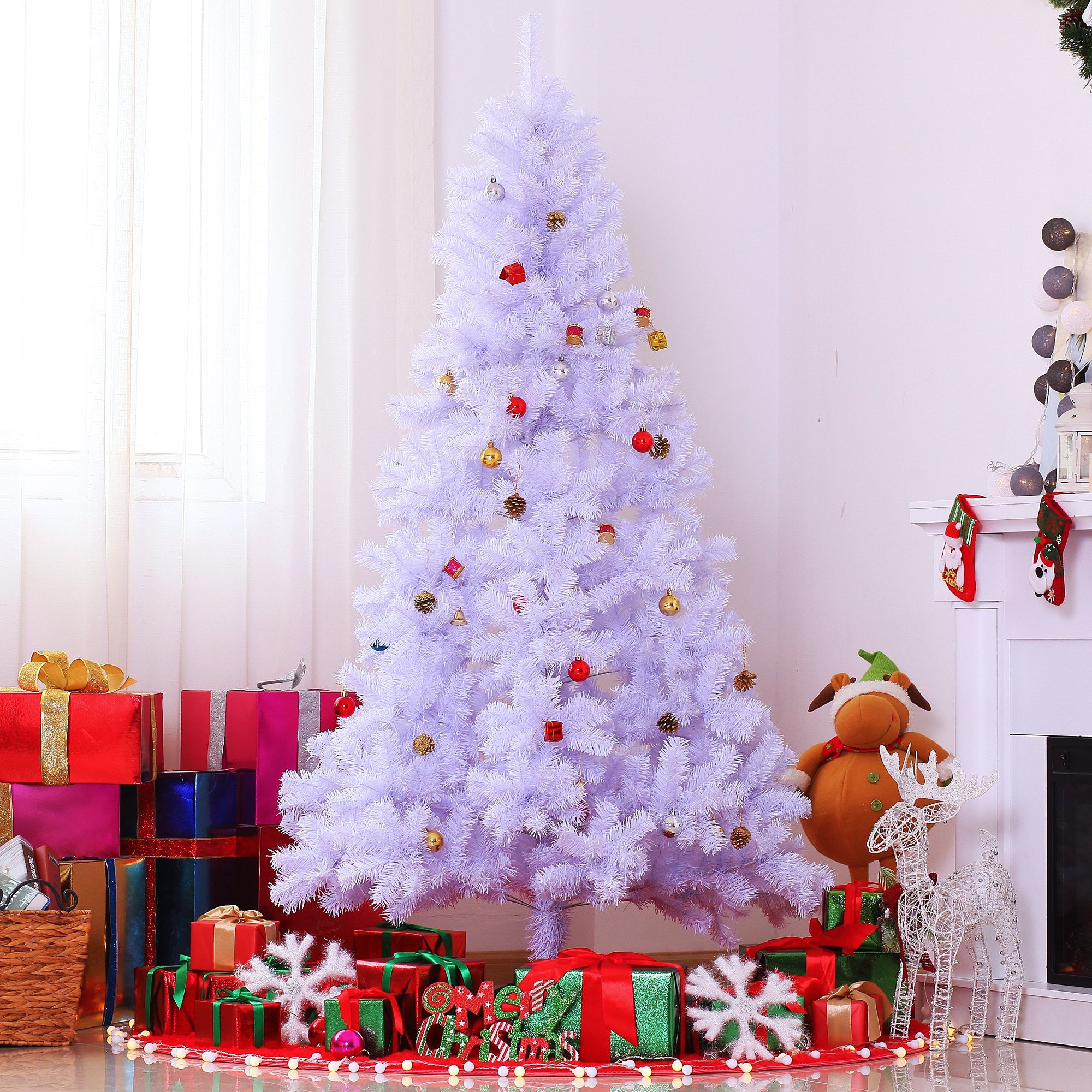 Joulukuusi Koristeilla Ja Jalustalla 180 Cm (Valkoinen)