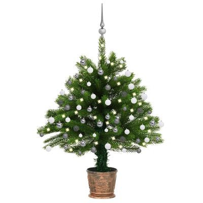 Konstgjord julgran med LED-lampor och julgranskulor, grön, 65 cm