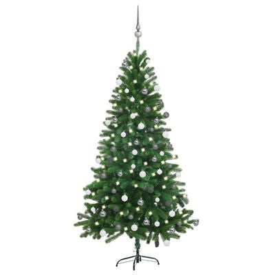 Konstgjord julgran med LED-lampor och julgranskulor, grön, 150 cm
