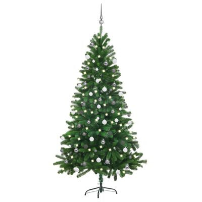 Konstgjord julgran med LED-ljus och julgranskulor, grön, 180 cm