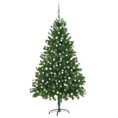 Konstgjord julgran med LED-lampor och julgranskulor, grön, 210 cm