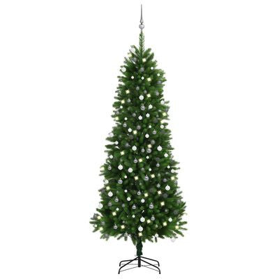 Konstgjord julgran med LED-lampor och julgranskulor, grön, 240 cm