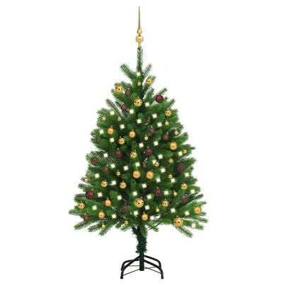 Konstgjord julgran med LED-lampor och julgranskulor, grön, 120 cm