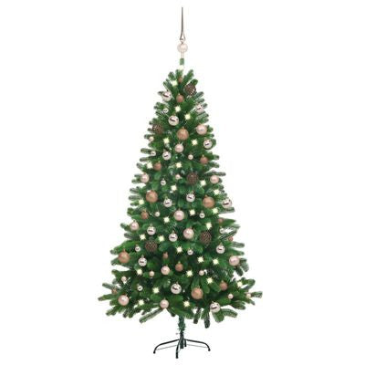 Konstgjord julgran med LED-lampor och julgranskulor, grön, 150 cm