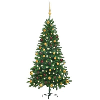 Konstgjord julgran med LED-lampor och julgranskulor, grön, 150 cm