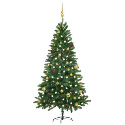 Konstgjord julgran med LED-ljus och julgranskulor, grön, 180 cm