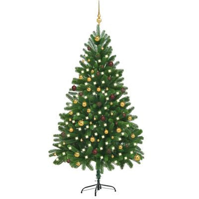 Konstgjord julgran med LED-lampor och julgranskulor, grön, 210 cm