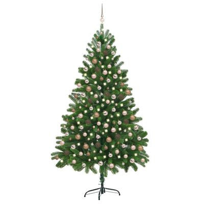 Konstgjord julgran med LED-lampor och julgranskulor, grön, 210 cm