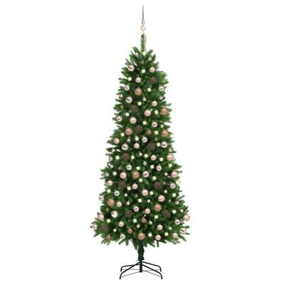 Konstgjord julgran med LED-lampor och julgranskulor, grön, 240 cm