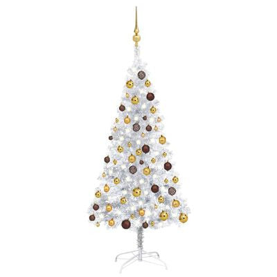 Silverfärgad julgran med LED-lampor och julgranskulor, 150 cm