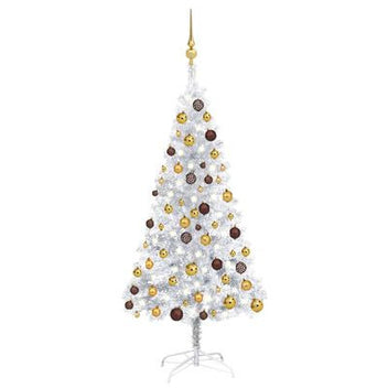 Silverfärgad julgran med LED-lampor och julgranskulor, 150 cm