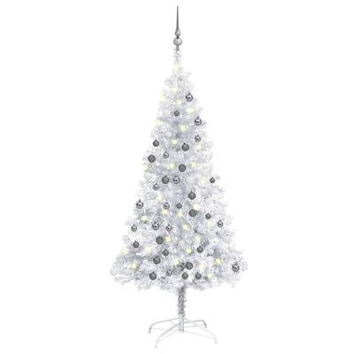 Silverfärgad julgran med LED-lampor och julgranskulor, 150 cm