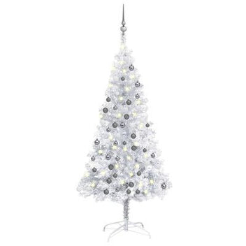 Silverfärgad julgran med LED-lampor och julgranskulor, 150 cm
